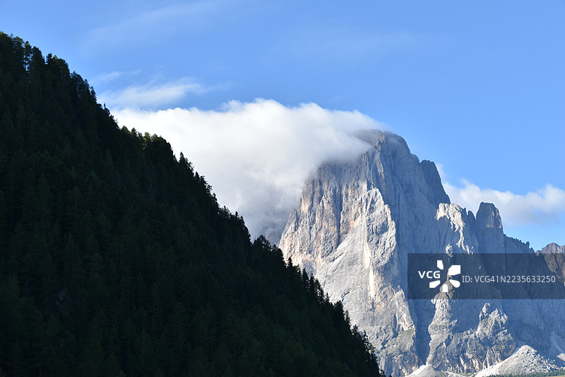雄伟的雪山耸立在黑暗的森林上方，映衬着晴朗的蓝天，意大利瓦尔加尔德纳森林。图片素材