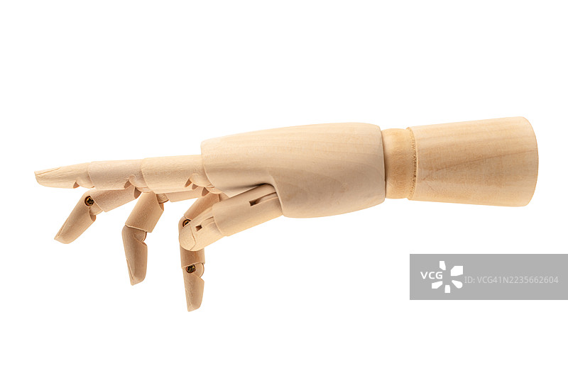 一个孤立在白色背景上的木制指向手模型，已保存剪切路径。图片素材