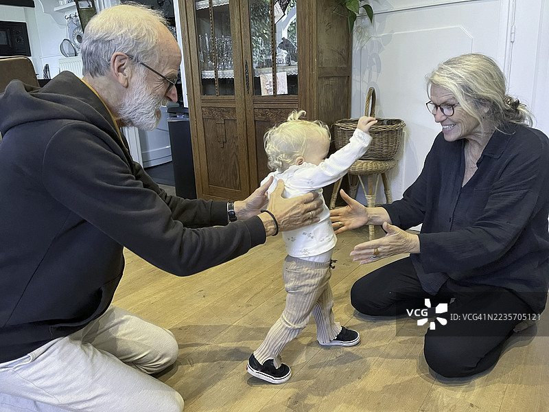 祖父母学习蹒跚学步的孙女迈出第一步图片素材