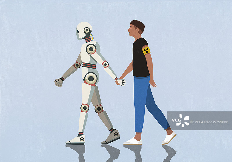 人形机器人牵着手引导盲人走在蓝色背景下图片素材