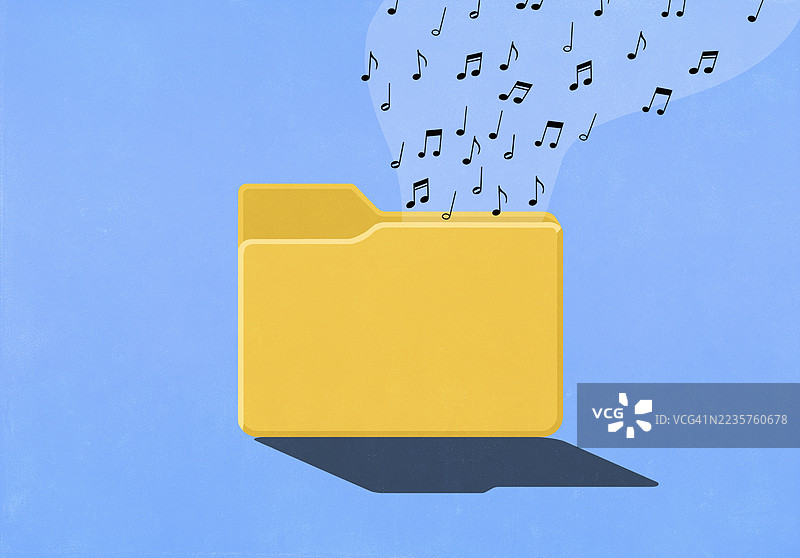 音乐符号从数字黄色文件夹中飘出，背景为蓝色图片素材