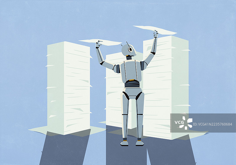 类人机器人将纸质文件放置在高高的堆叠上图片素材