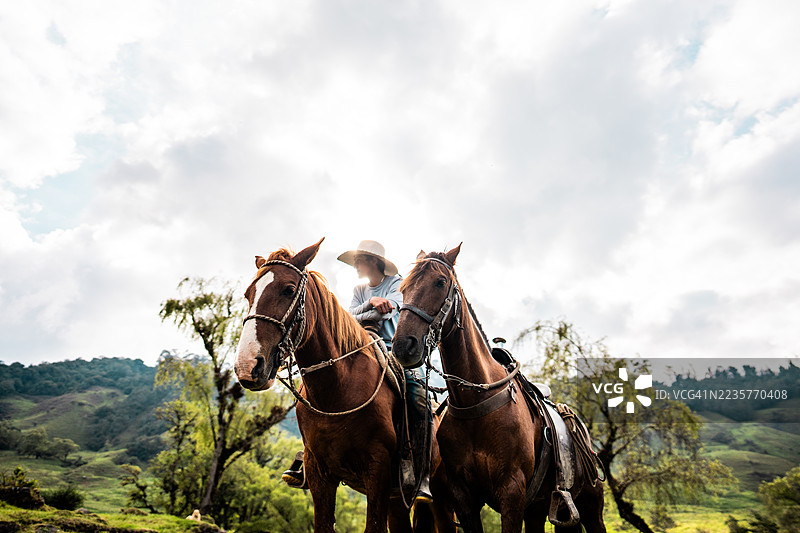 哥伦比亚昆迪纳马卡省田野里骑马的少年图片素材
