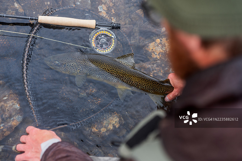 渔夫在水中钓捕褐鳟鱼的背影视角图片素材