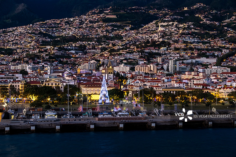 马德拉岛丰沙尔的圣诞街灯。夜晚海滨的游轮视角图片素材