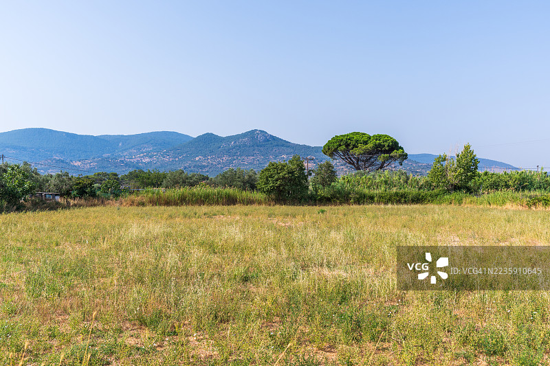 希腊莱斯博斯岛的草地与远处的山脉图片素材