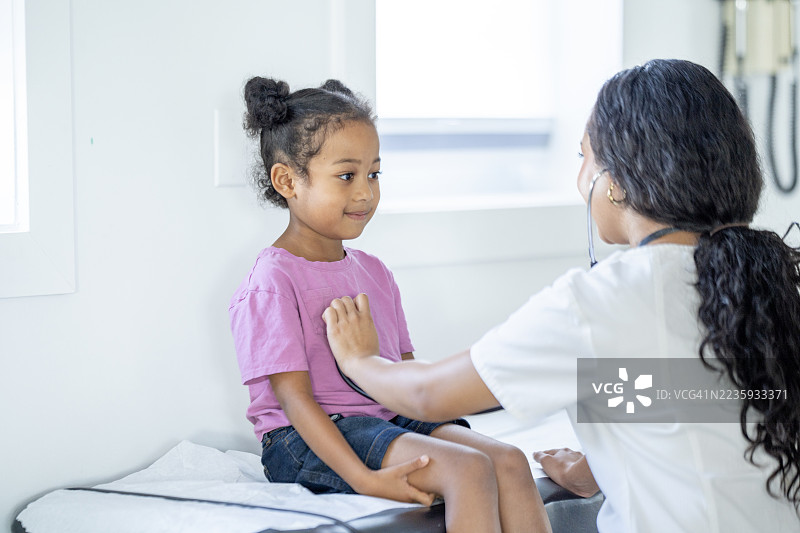 儿科医生在现代医疗办公室为小女孩进行检查图片素材