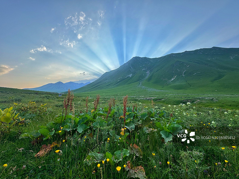 阳光透过云层洒在郁郁葱葱的山脉和生机勃勃的草地上，映照出日落的美景图片素材