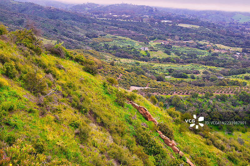 高角度俯瞰郁郁葱葱的绿色山坡景观，远处有山谷和零星的房屋图片素材