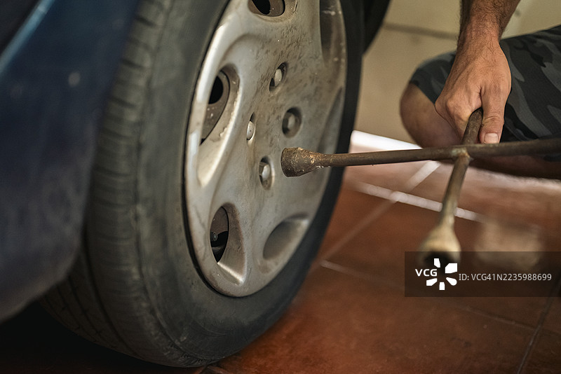 一个人用扳手更换汽车轮胎的特写镜头图片素材