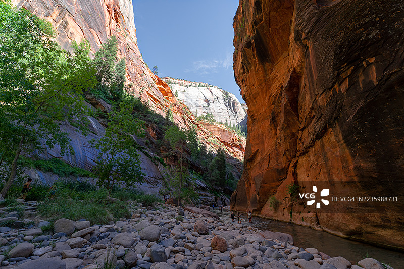 在美国犹他州斯普林代尔的锡安国家公园，岩层在晴朗的蓝天下呈现出低角度的景象。图片素材
