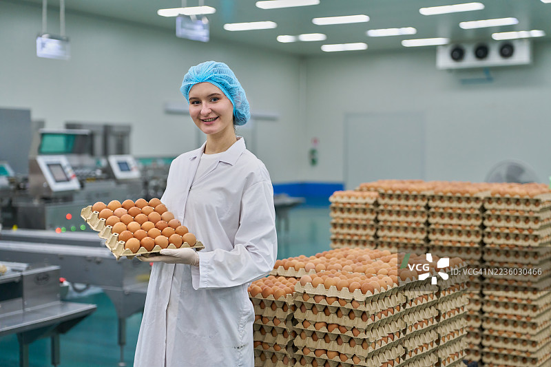 食品技术专家在包装工厂中手持一托盘新鲜鸡蛋图片素材