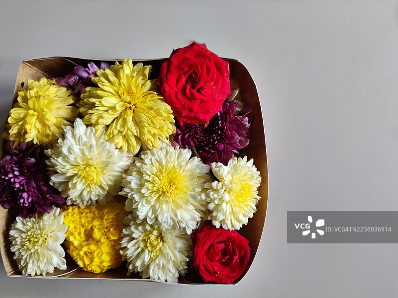 各种花卉特写，包括万寿菊、菊花和红玫瑰，放在环保纸盒中，背景为白色，适合普贾节、纳瓦拉特里节、杜尔加普贾节和排灯节。图片素材