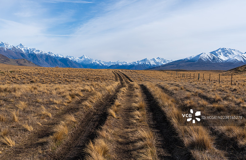新西兰清水湖的田野美景，轮胎印迹通向雪山，蓝天映衬。图片素材