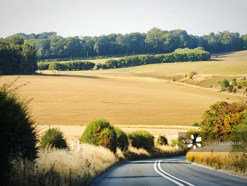 蜿蜒的道路穿过金色的田野和绿色的树木，映衬在明亮的天空下，唤起自由和旅程的感觉，威尔特郡，英国图片素材