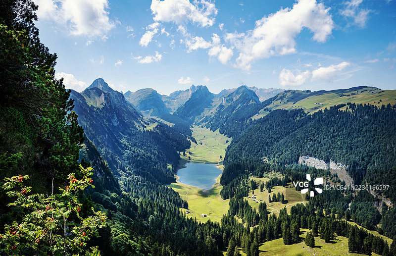 瑞士，晴朗蓝天下，郁郁葱葱的绿色山谷和巍峨山峰环抱着宁静的山湖，令人惊叹的航拍景象图片素材