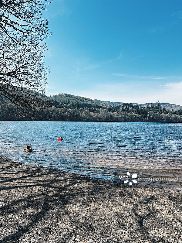 宁静湖泊的美丽景色，森林环绕的山丘在晴朗的蓝天下，水中有一个小浮标，岸边有树影。图片素材