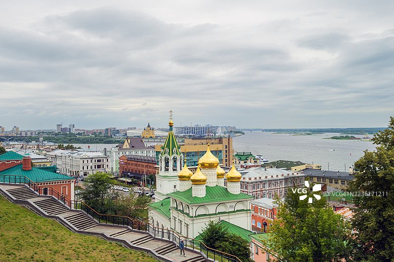 高角度俯瞰下诺夫哥罗德市，包括一座教堂、河流和建筑，天空多云图片素材