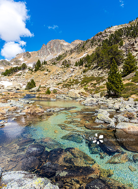 在西班牙埃斯波特，清澈的山间溪流穿过岩石景观，映衬着蓝天。图片素材