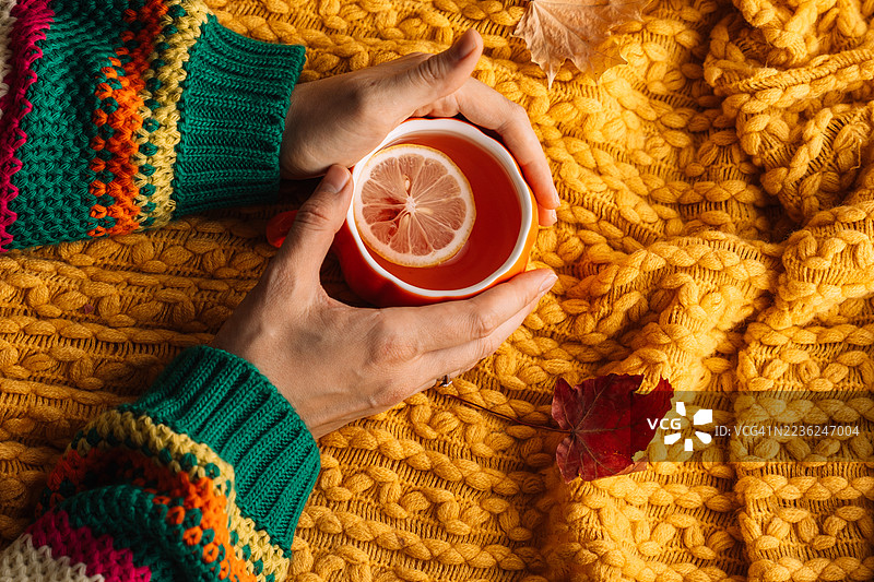 双手捧着橙色杯子，旁边有柠檬，放在黄色针织毛毯上，周围是秋天的落叶。图片素材