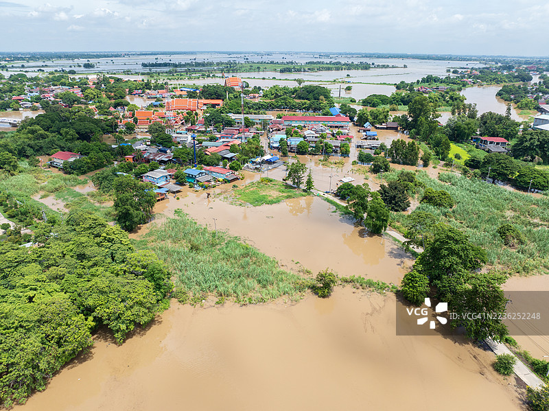 泰国阿育他亚省塞纳区的严重洪水 - 空中视角图片素材