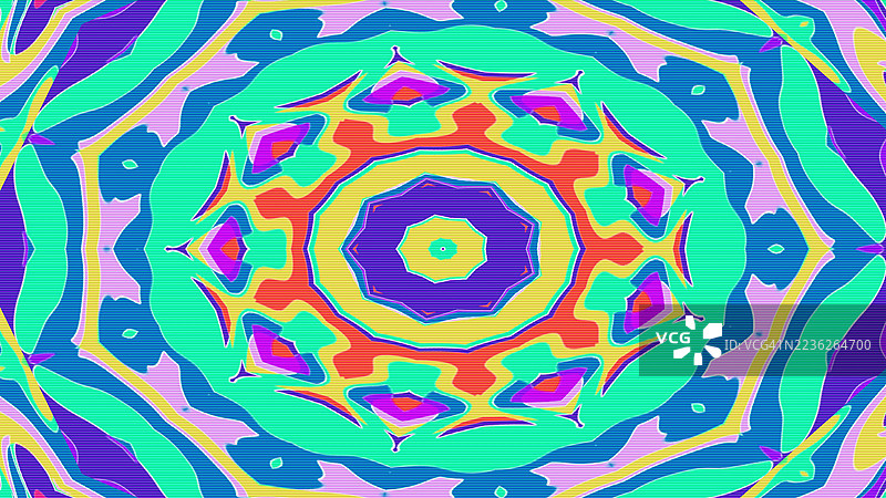 霓虹色彩的万花筒曼陀罗图案，复古70年代，迷幻美学图片素材