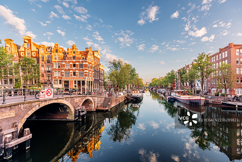 阿姆斯特丹，荷兰，阳光明媚的夏日早晨，乔丹区和布劳尔斯运河的广角视图图片素材