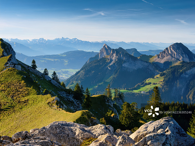 雄伟的山脉与郁郁葱葱的山谷在晴朗的蓝天下沐浴在金色时光的光辉中，阿罗萨，瑞士图片素材