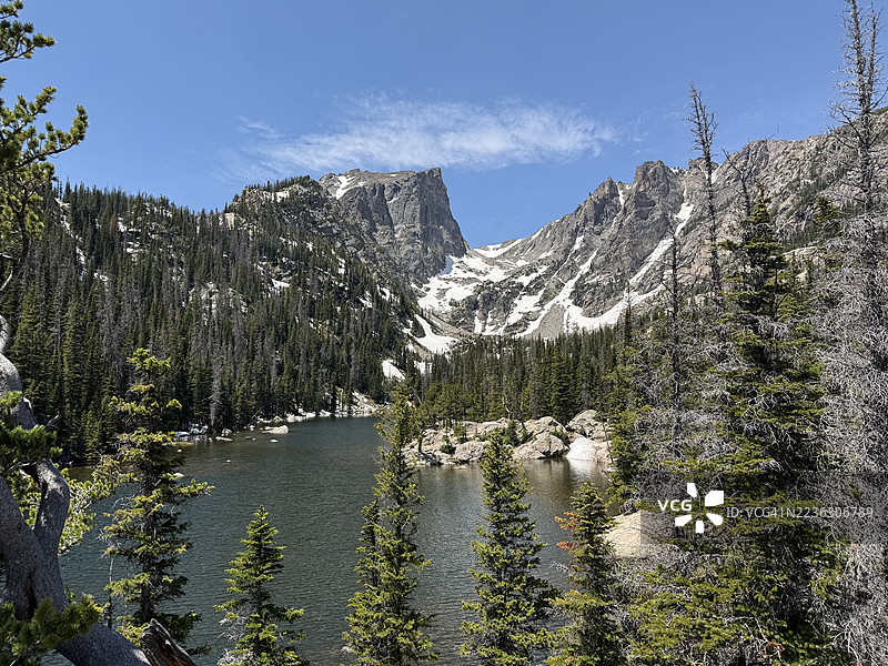 蓝天下被松树和雪山环绕的山湖美景图片素材