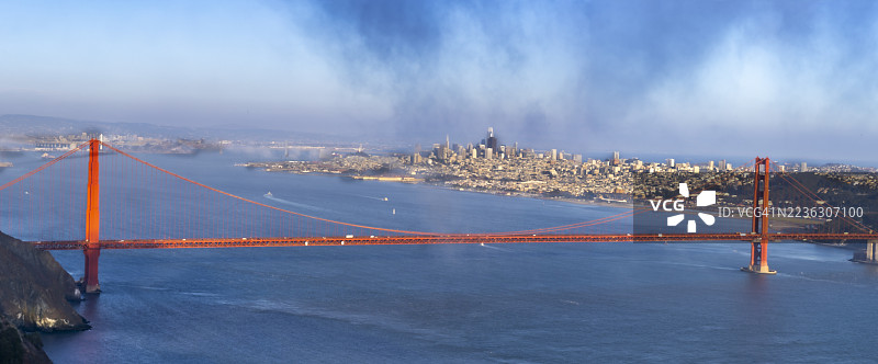 金门大桥和旧金山天际线在日落时分的全景，位于美国索萨利托，康泽尔曼路图片素材