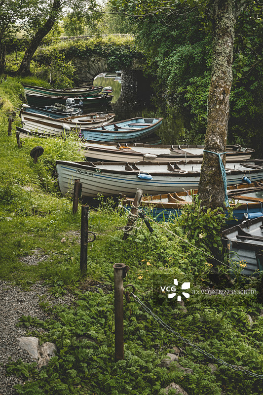 停靠在河岸上的划艇，靠近一座石桥，周围环绕着郁郁葱葱的绿叶和树木，爱尔兰，基拉尼国家公园图片素材