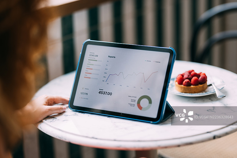桌子上放着展示商业分析的平板电脑和草莓甜点图片素材