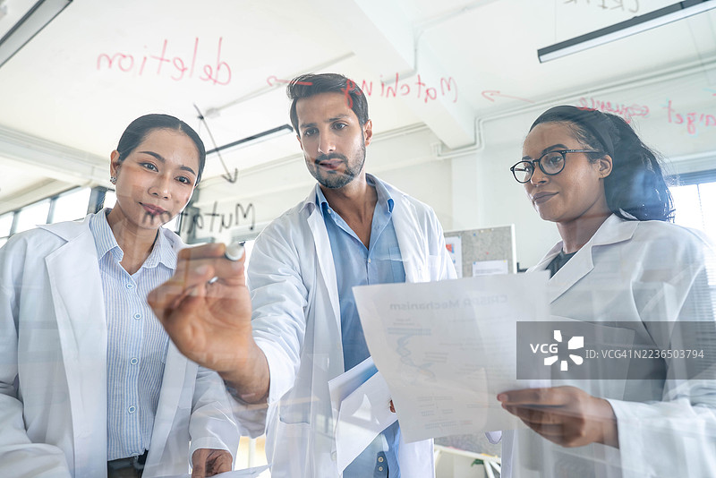 不同背景的科学家在现代实验室的玻璃板上集思广益图片素材