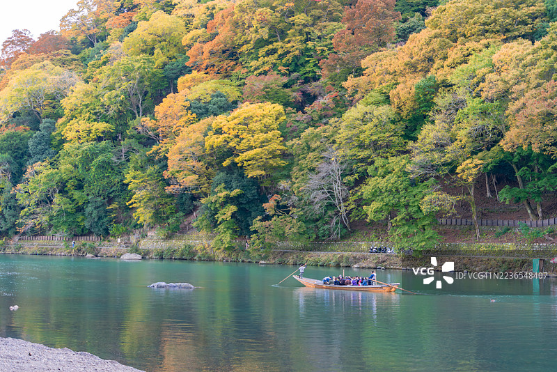 日本京都岚山大井川秋季色彩的景观图片素材