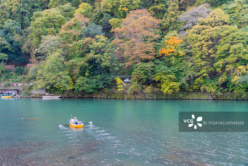 日本京都岚山大井川的秋日色彩景观图片素材