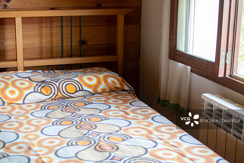 带有复古图案床和木质床头板的卧室室内设计图片素材