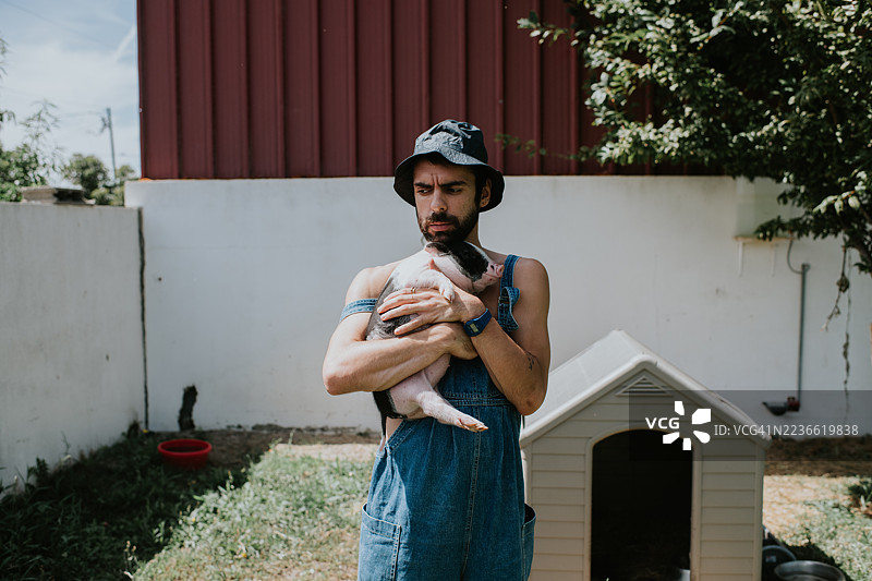 男人在后院抱着小猪仔图片素材