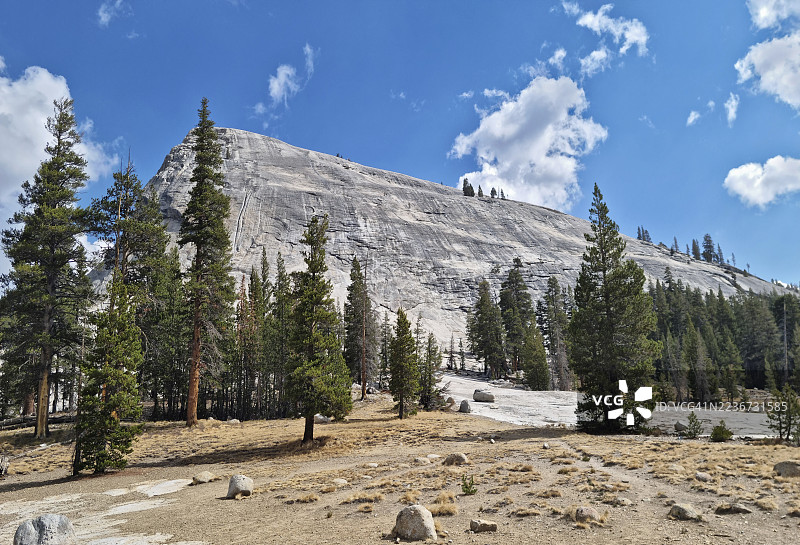 从优胜美地国家公园的图奥尔米草甸俯瞰伦伯特圆顶图片素材