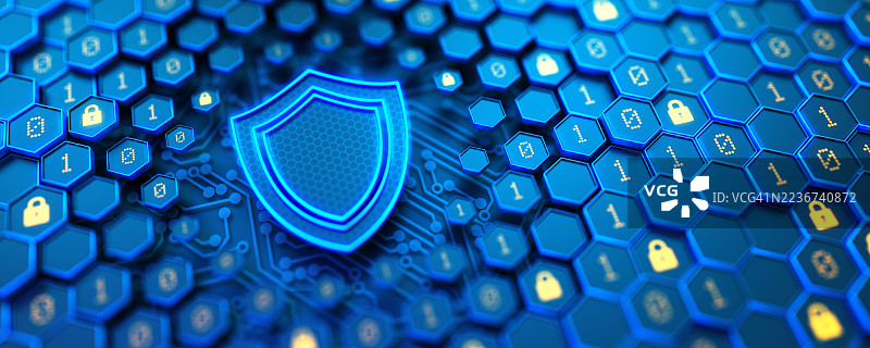 六边形外壳带有二进制代码和发光的保护标志。防止黑客攻击和数据泄露。保护您的数据。互联网安全与隐私概念。3D插图图片素材