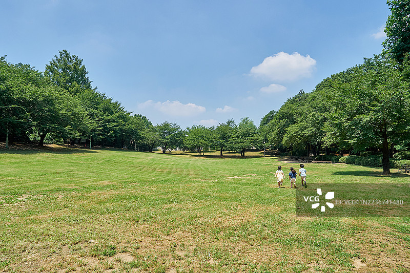 孩子们，小学生，在草坪上奔跑图片素材