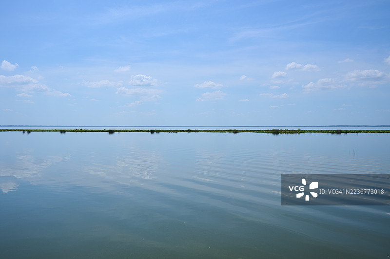 在佛罗里达州奥兰多的阿波普卡北岸，蓝天白云下的广阔水域，宁静而平和的氛围。图片素材