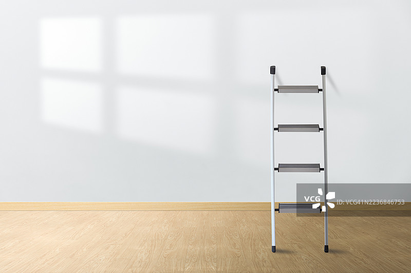 白色墙壁上的铝合金人字梯和窗户阴影图片素材