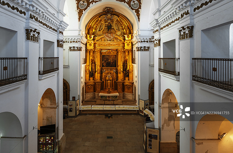 高角度拍摄的卡塞雷斯圣弗朗西斯科哈维尔教堂祭坛画，18世纪图片素材