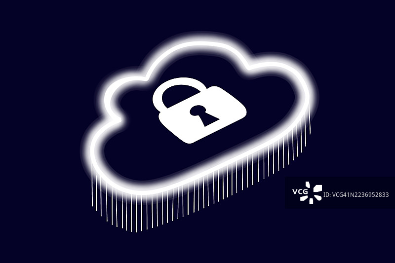 云安全霓虹锁图标在黑暗云层上，带有滴落线条 - 数据隐私概念图片素材