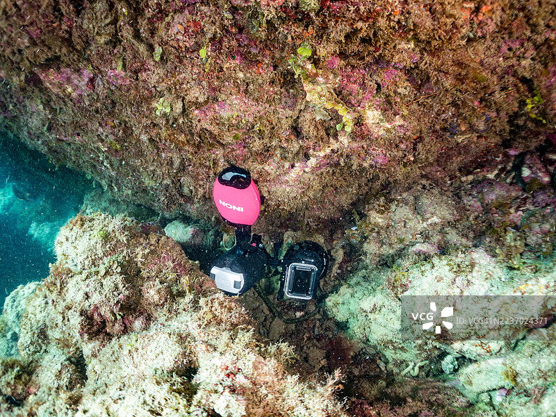 在水底捡到一台丢失的GoPro,我把它归还给了主人。还有其他的鱼群。地点:静冈县南伊豆,中木港的平藏海滩。- 2025年7月21日。图片素材