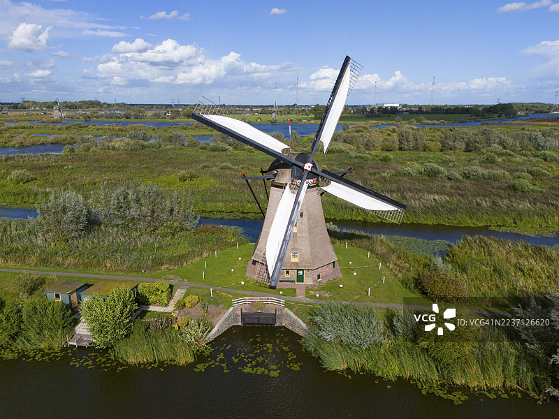 荷兰南荷兰省金德代克风车村的奥弗瓦尔德圩田，清晰天空下植被茂盛的绿色景观中的壮观风车，航拍，风车，联合国教科文组织世界遗产，南荷兰省，南荷兰省，荷兰图片素材