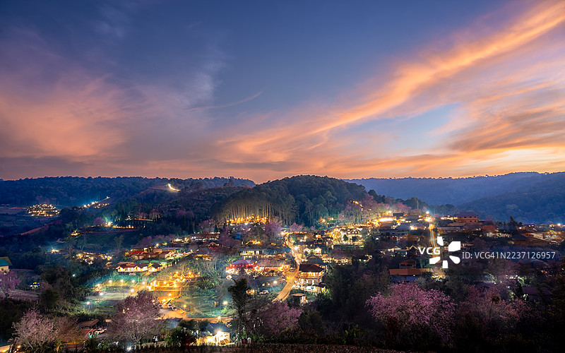 自然、雾、山、樱花树、早晨、荣克拉村图片素材