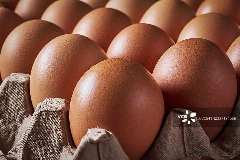 棕色鸡蛋紧密排列在纸板蛋 carton 中。图片素材