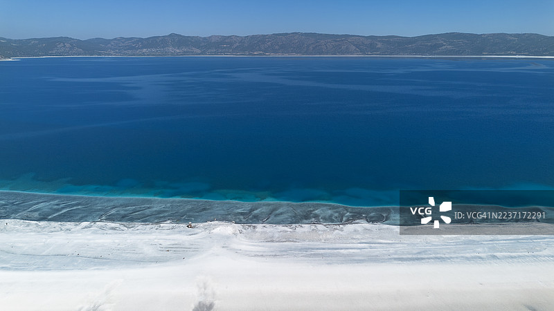 土耳其萨尔达湖碧绿的海水和白色沙滩的鸟瞰图，远处是蓝天下的山脉，土耳其卡亚迪比图片素材
