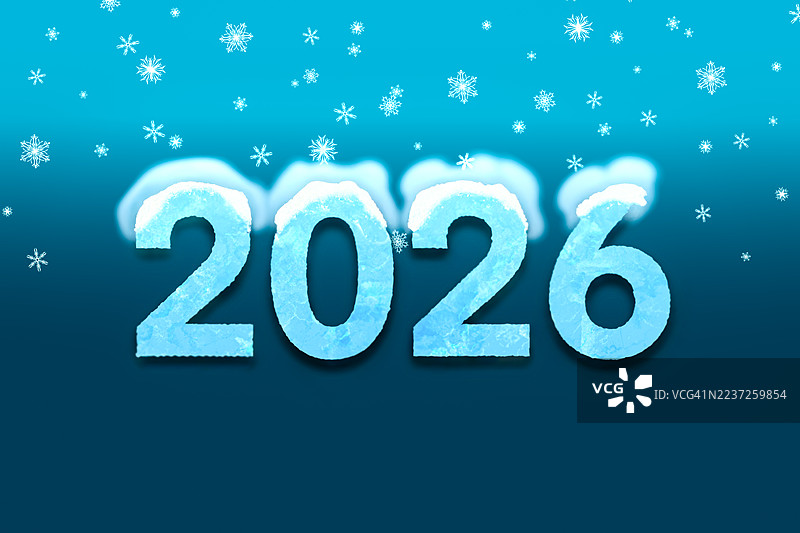2026年新年快乐，圣诞节文字与雪和飘落的雪花图片素材